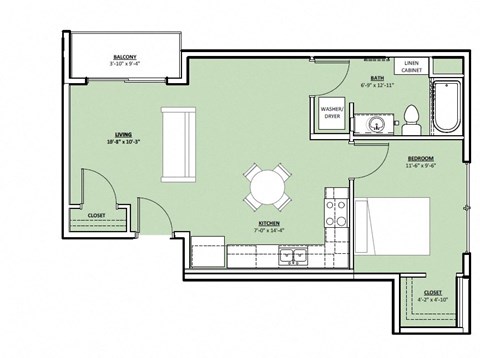 Floor plan for studio, 1 bath, 620 sqft